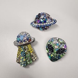 Alien Rhinestone Brooches Cosmic Multicolor Crystal Planet & UFO Pins Space ET